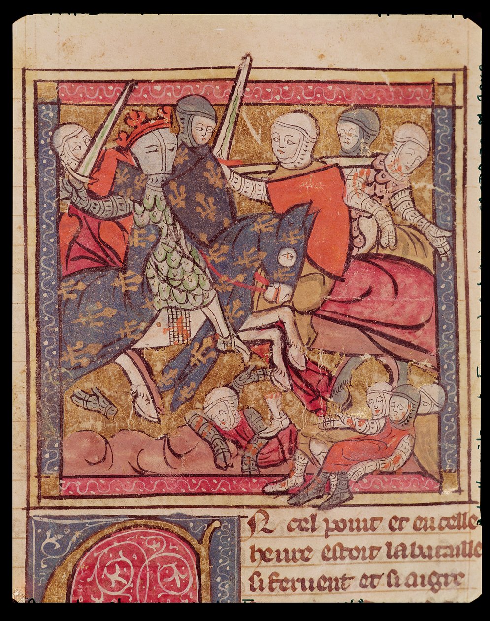 Fol.285r Zajetí Ferdinanda Portugalského (1186-1233) Hrabě z Flander v bitvě u Bouvines, 27. července 1214, z Grandes Chroniques de France, 1375-79 od French School