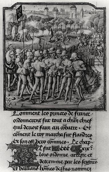 Fol.311 Válečná rada Filipa Smělého, vévody z Burgundska, Jeana de France, vévody z Berry a Ludvíka II., vévody Bourbonského v Senlis, z Froissarts Chronicle, kolem roku 1472 od French School