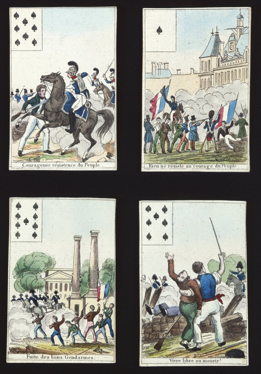 Čtyři karty z balíčku ilustrované propagandistickými scénami z revoluce 1830, Paříž, 1831 od French School