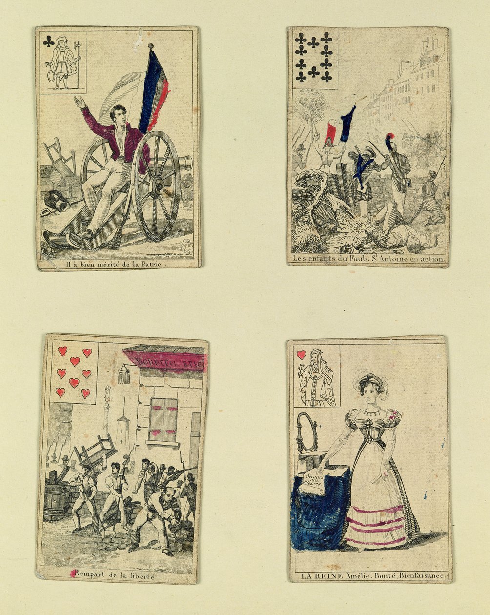 Čtyři hrací karty připomínající hrdiny července 1830, 1831 od French School