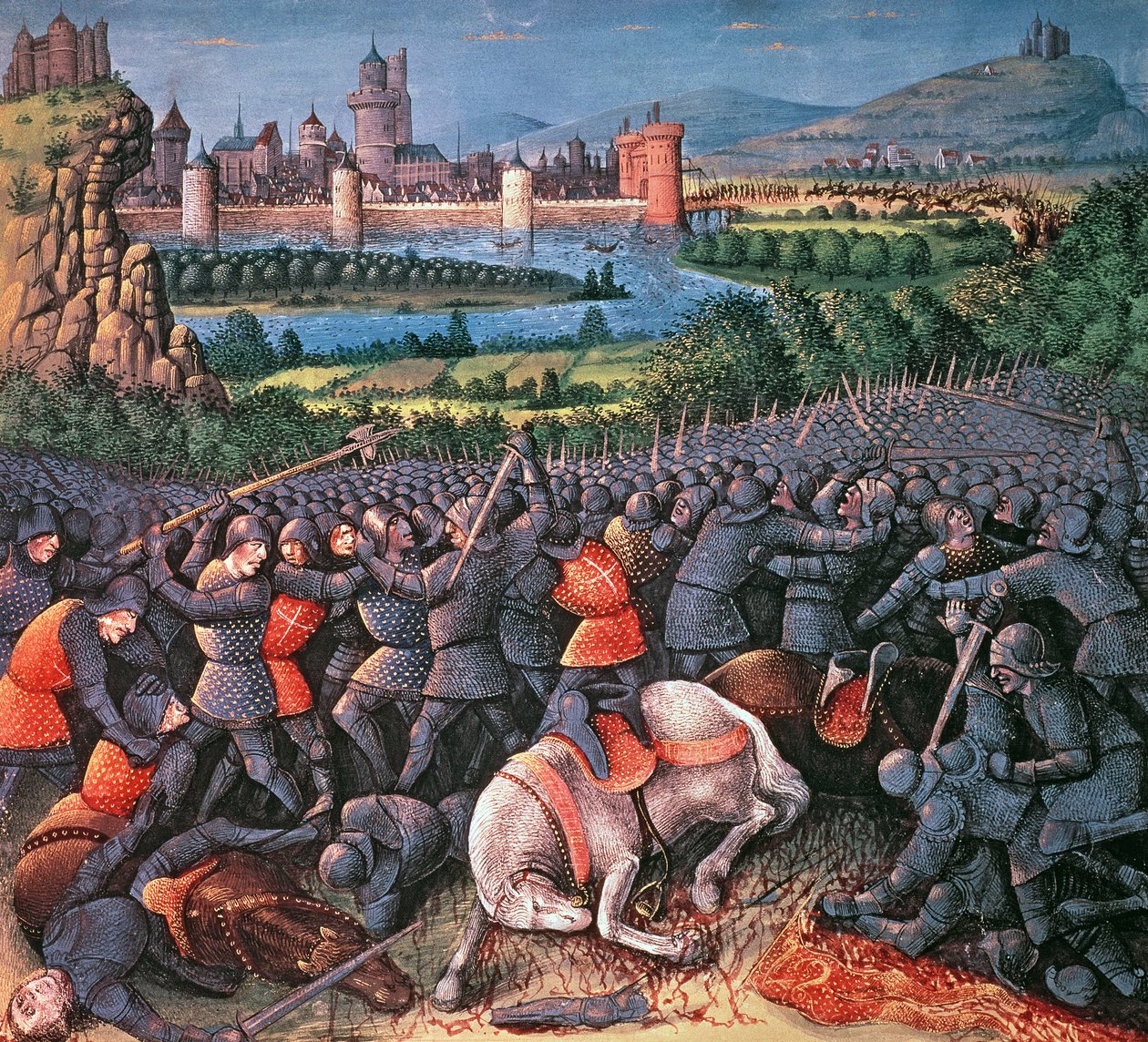 Fr 5594, f.37v Bitevní scéna, z Passages faits Outremer napsal Sebastian Marmoret, kolem roku 1490 od French School