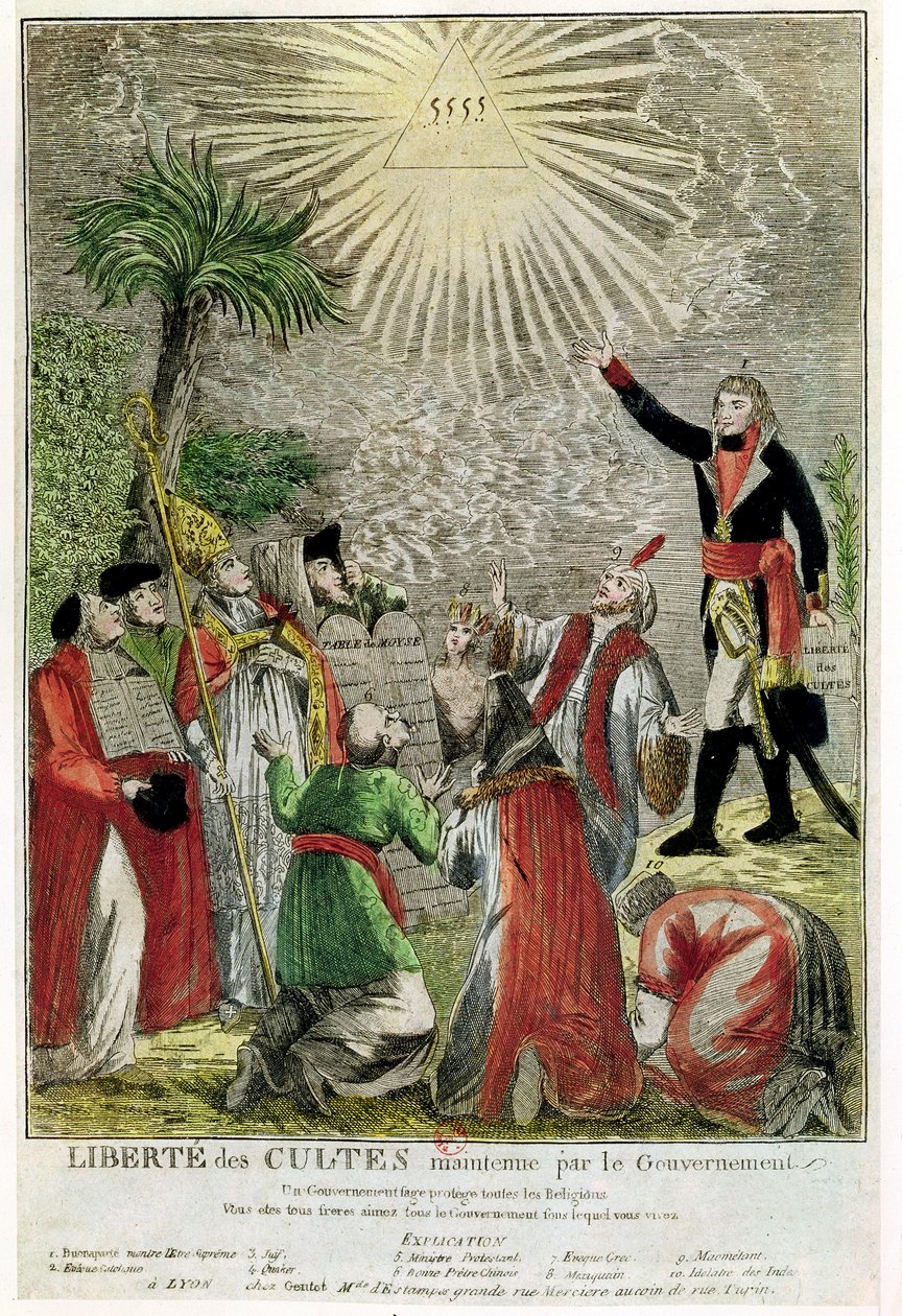 Svoboda uctívání v období Napoleonova konzulátu, zobrazující Napoleona ukazujícího na Nejvyšší bytost, 1799 (barevná rytina) od French School