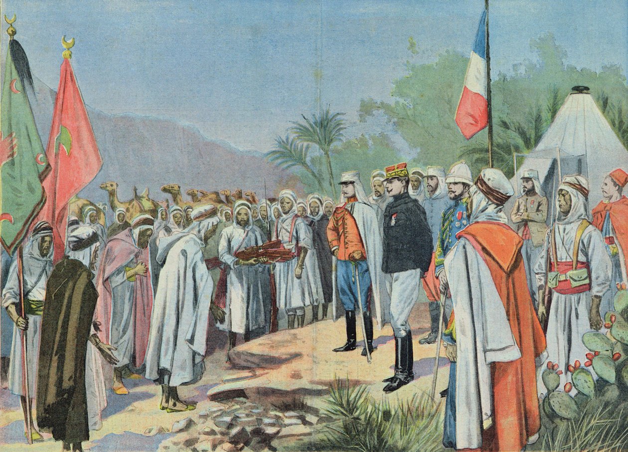 Generál Lyautey (1854-1934) přijímající kapitulaci povstaleckého kmene v Maroku z „Le Petit Parisien“, 1912 od French School