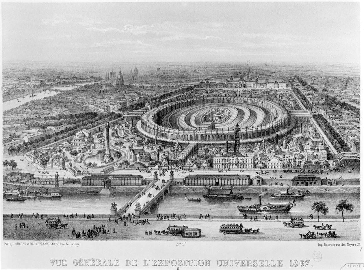 Celkový pohled na výstavu Universelle, Paříž v roce 1867 od French School