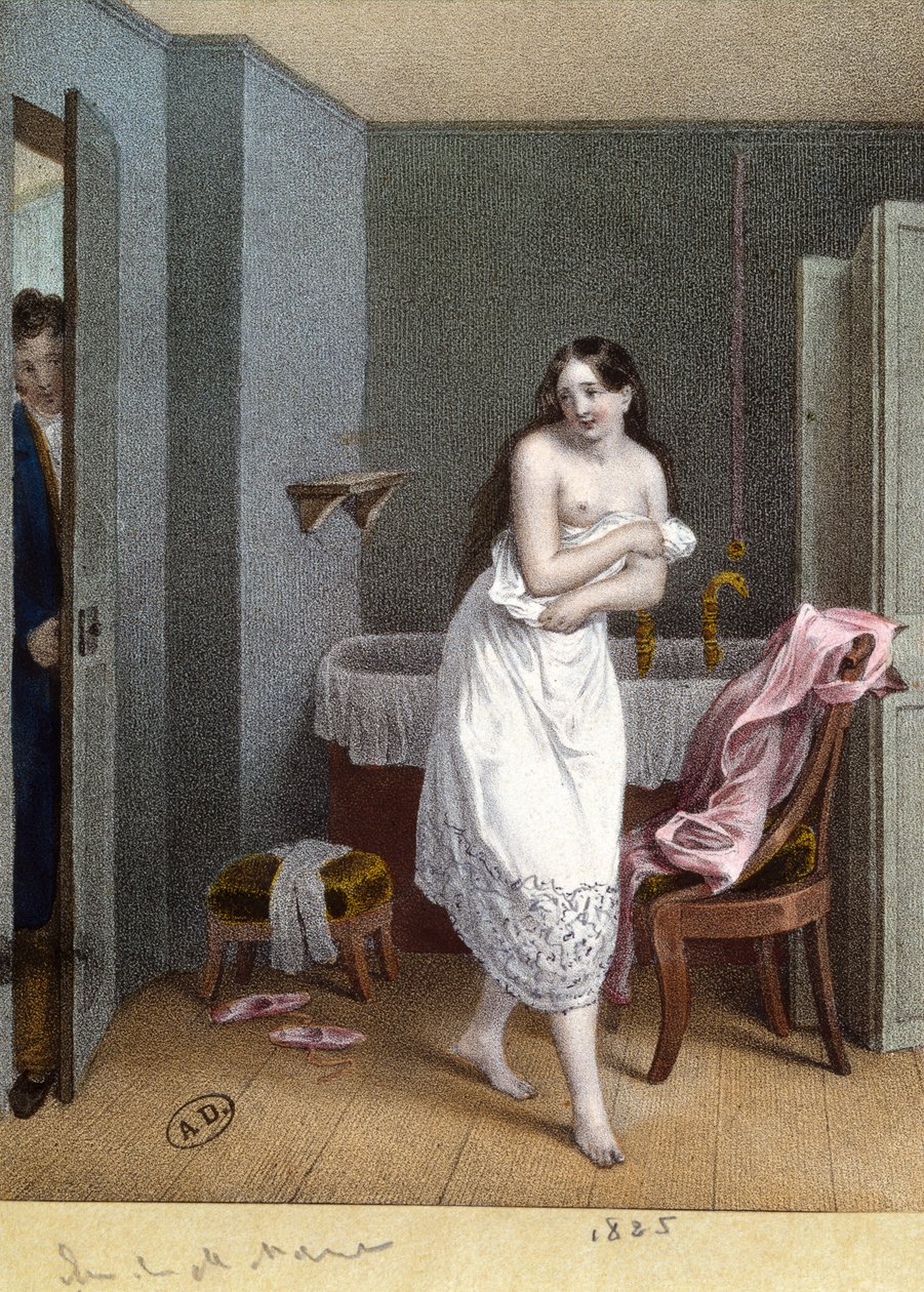 Dívka v koupelně a muž otevírající dveře, 1825 od French School