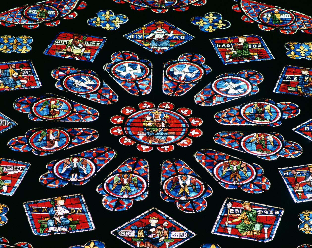 Oslava Panny Marie, severní rozeta, kolem 1223 (vitráže) (detail) od French School