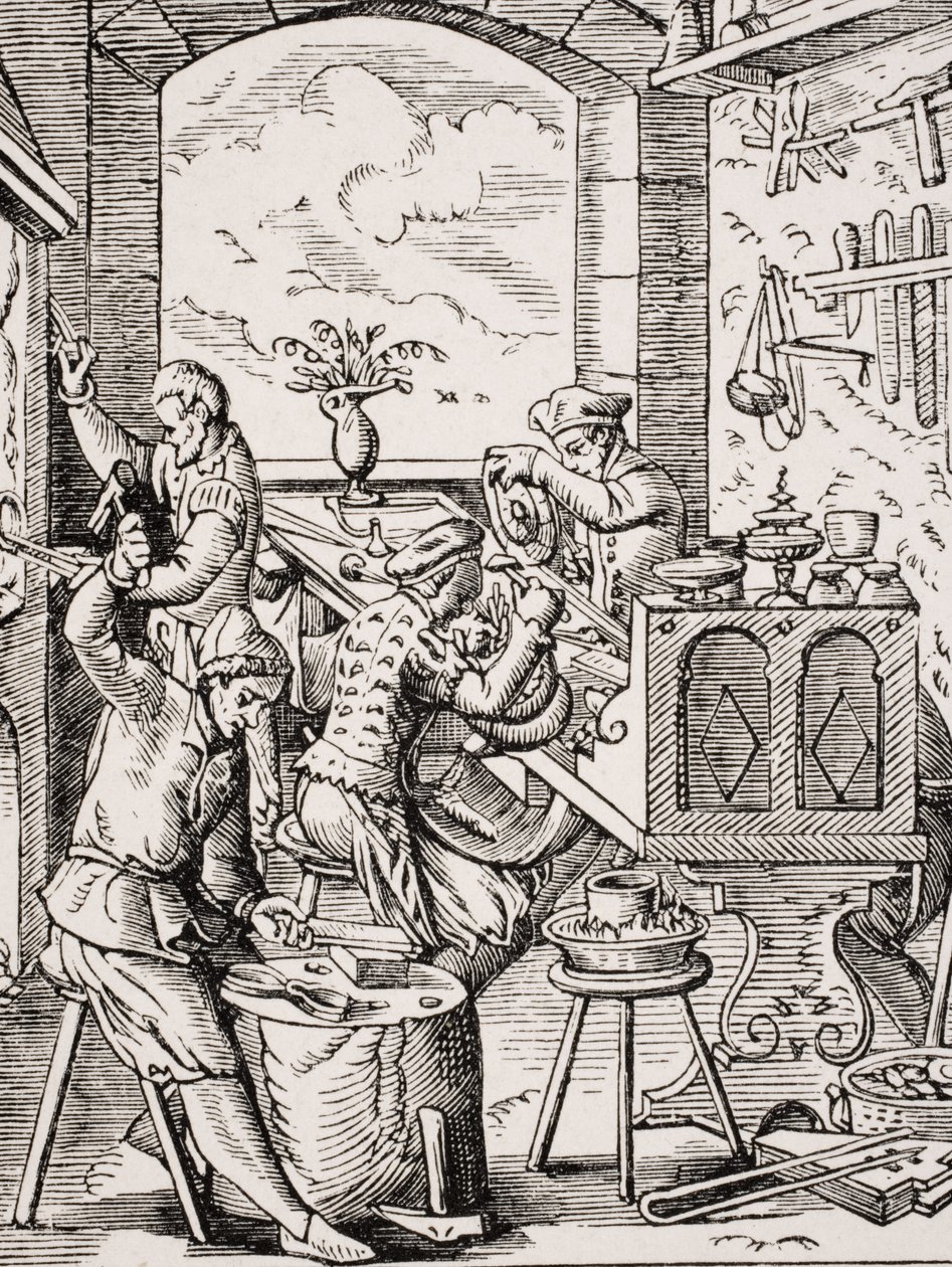Zlatník, reprodukce dřevorytu od Josta Ammana (1539-91) z „Le Moyen Age et La Renaissance“ od Paula Lacroixe (1806-84) vydaného 1847 od French School