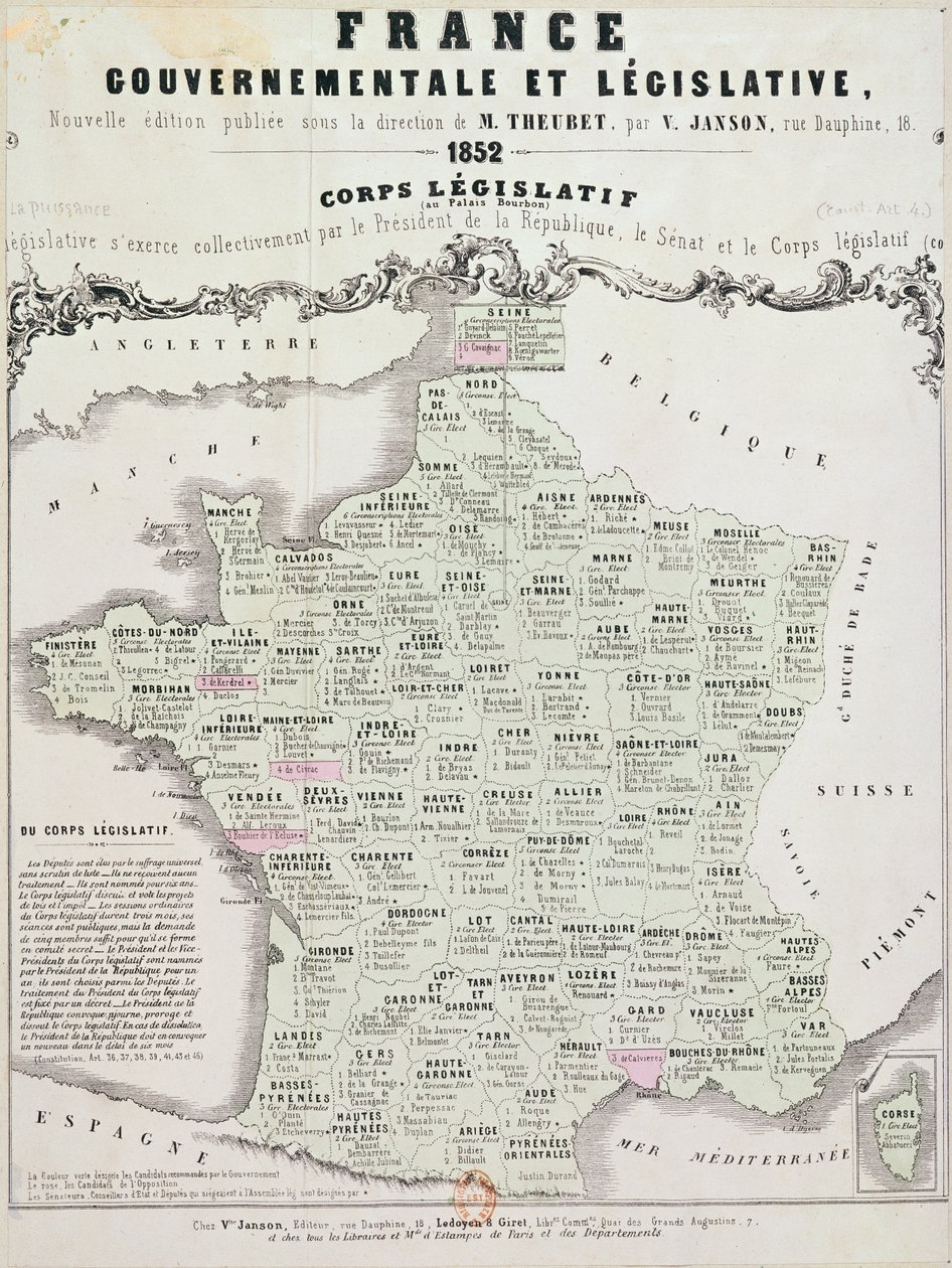 Vládní a legislativní mapa Francie, vytiskl Ledoyen und Giret, Paříž, 1852 od French School