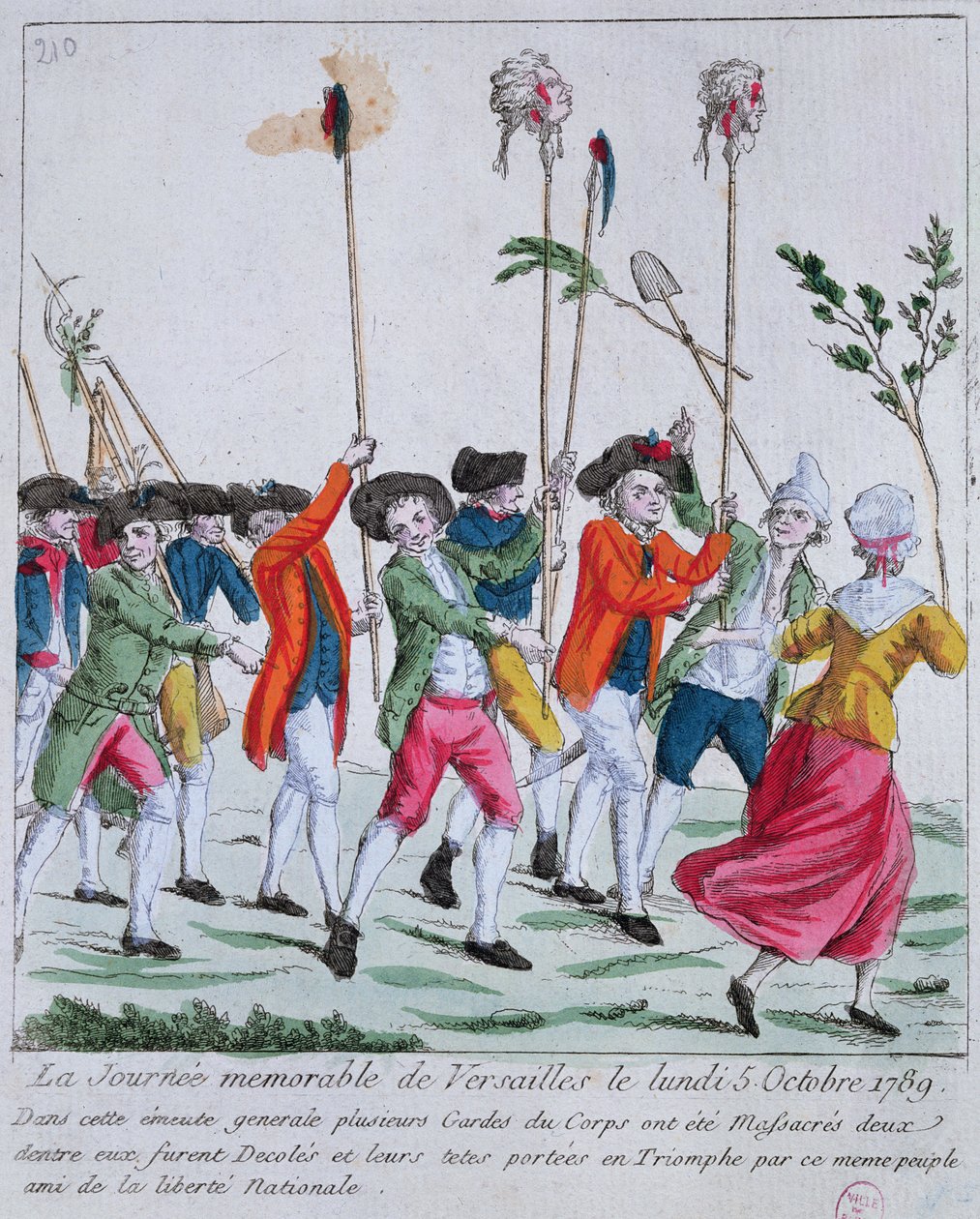 Hlavy dvou královských gardistů, které 5. října 1789 ve Versailles zabil pařížský dav, jsou vítězoslavně přeneseny do Paříže. od French School