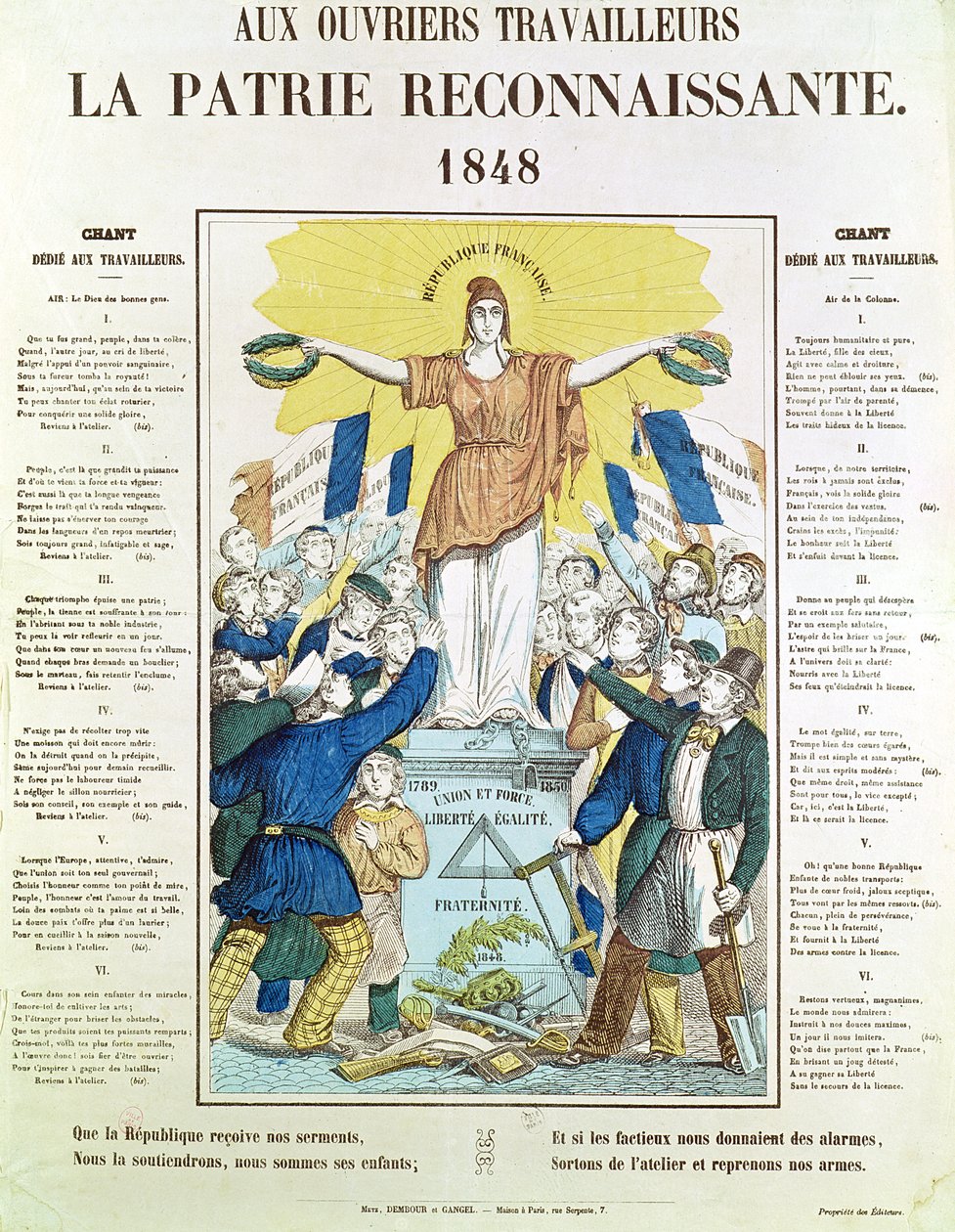 Ilustrovaný textový list k písni věnované dělníkům, 1848 od French School