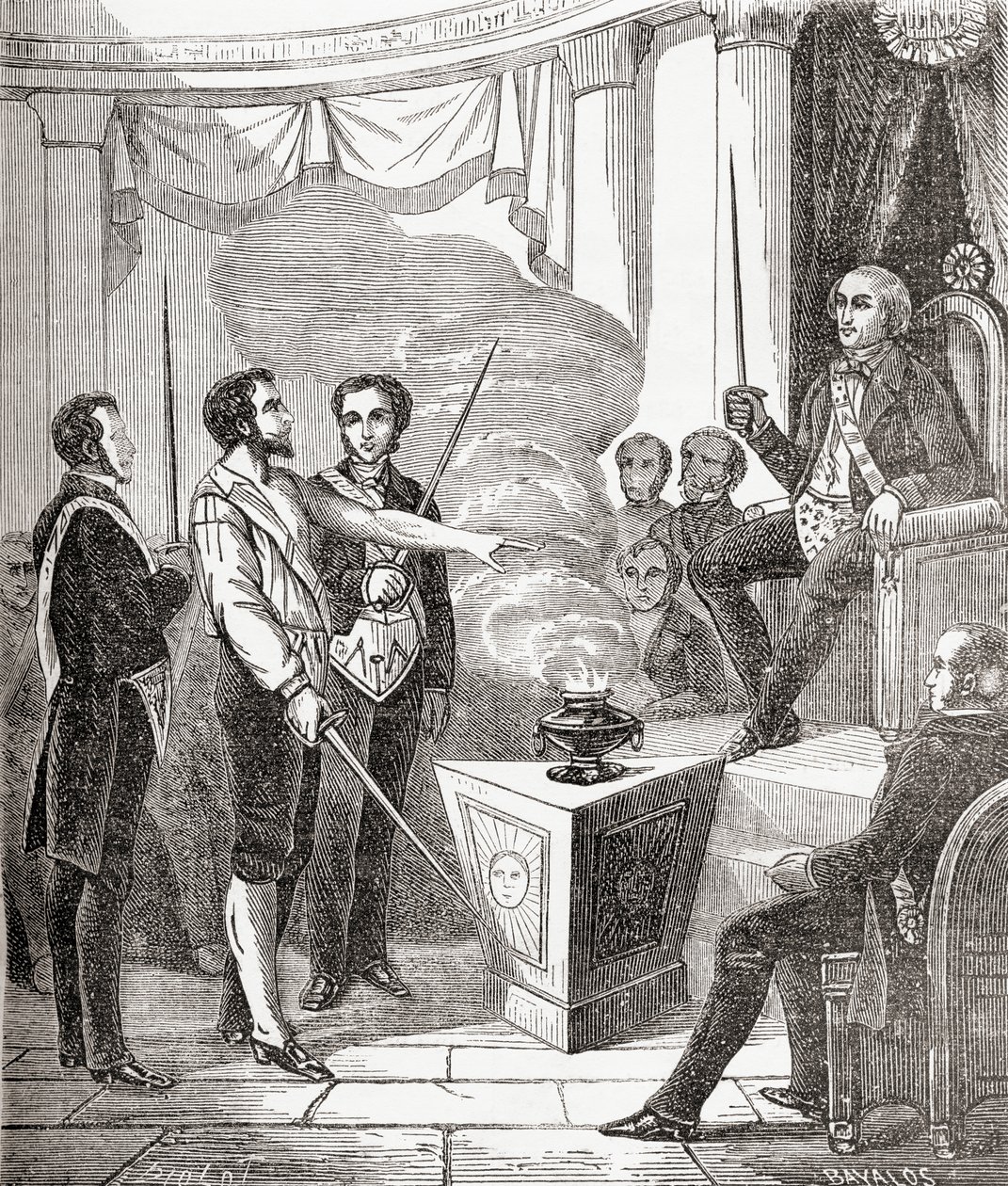 Zasvěcení francouzského zednáře do bratrstva, ze „Societes Secretes, les Francs Macons“, publikované kolem roku 1867 od French School