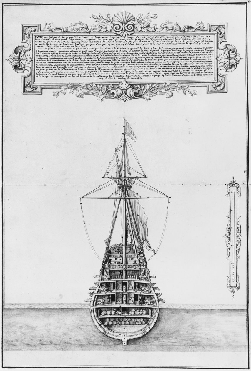 Vnitřní záď plně vyzbrojeného a vybaveného plavidla, ilustrace z „Atlas de Colbert“, deska 43 (tužka a wc na papíře) od French School