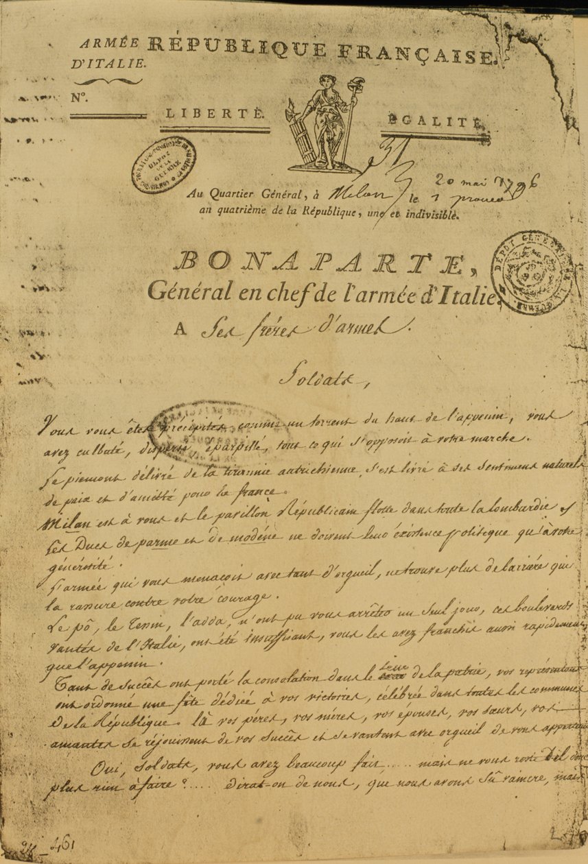 Instrukce pro vojáky vydané Napoleonem jako generálem italské armády, 20. května 1796 od French School