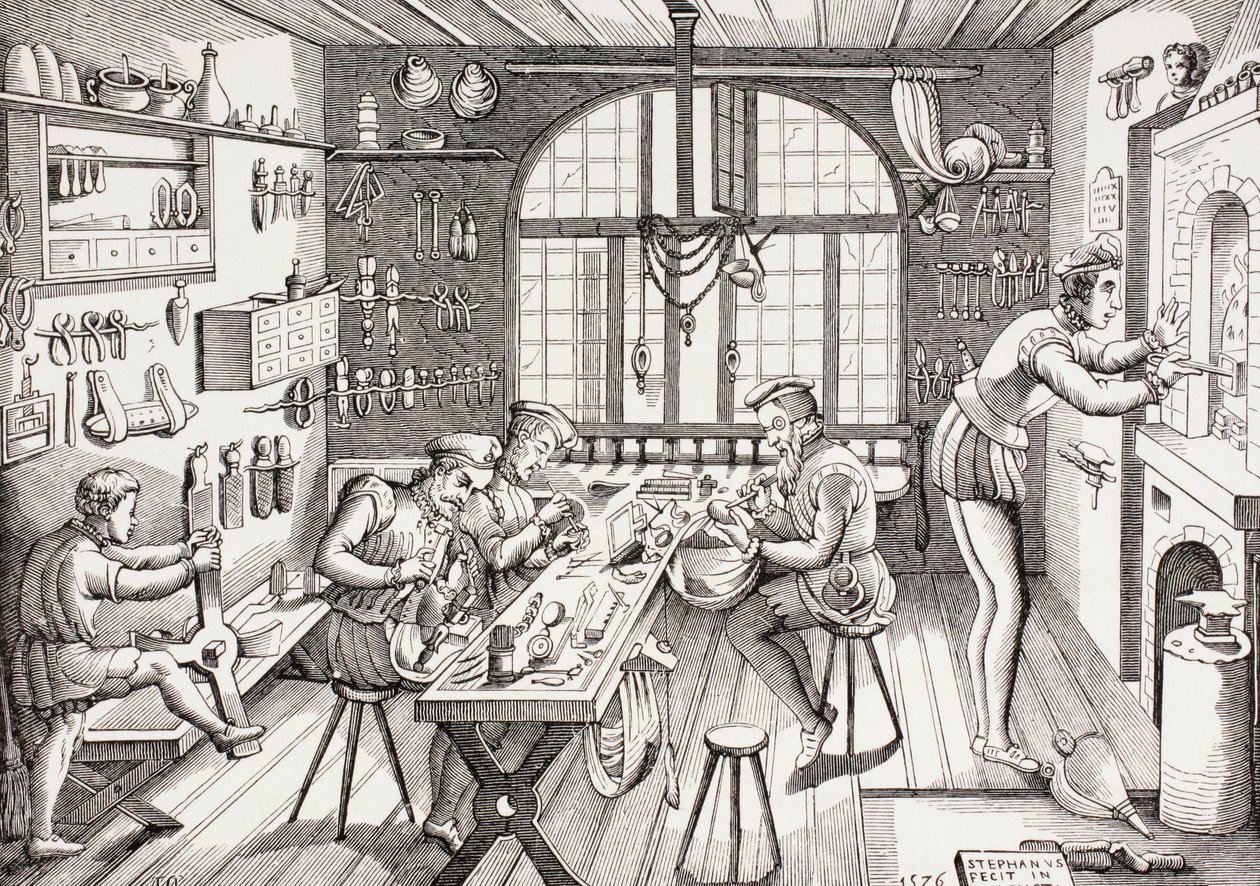 Interiér dílny Etienna Delauna, z „Les Arts au Moyen Age“, vydáno 1873 od French School