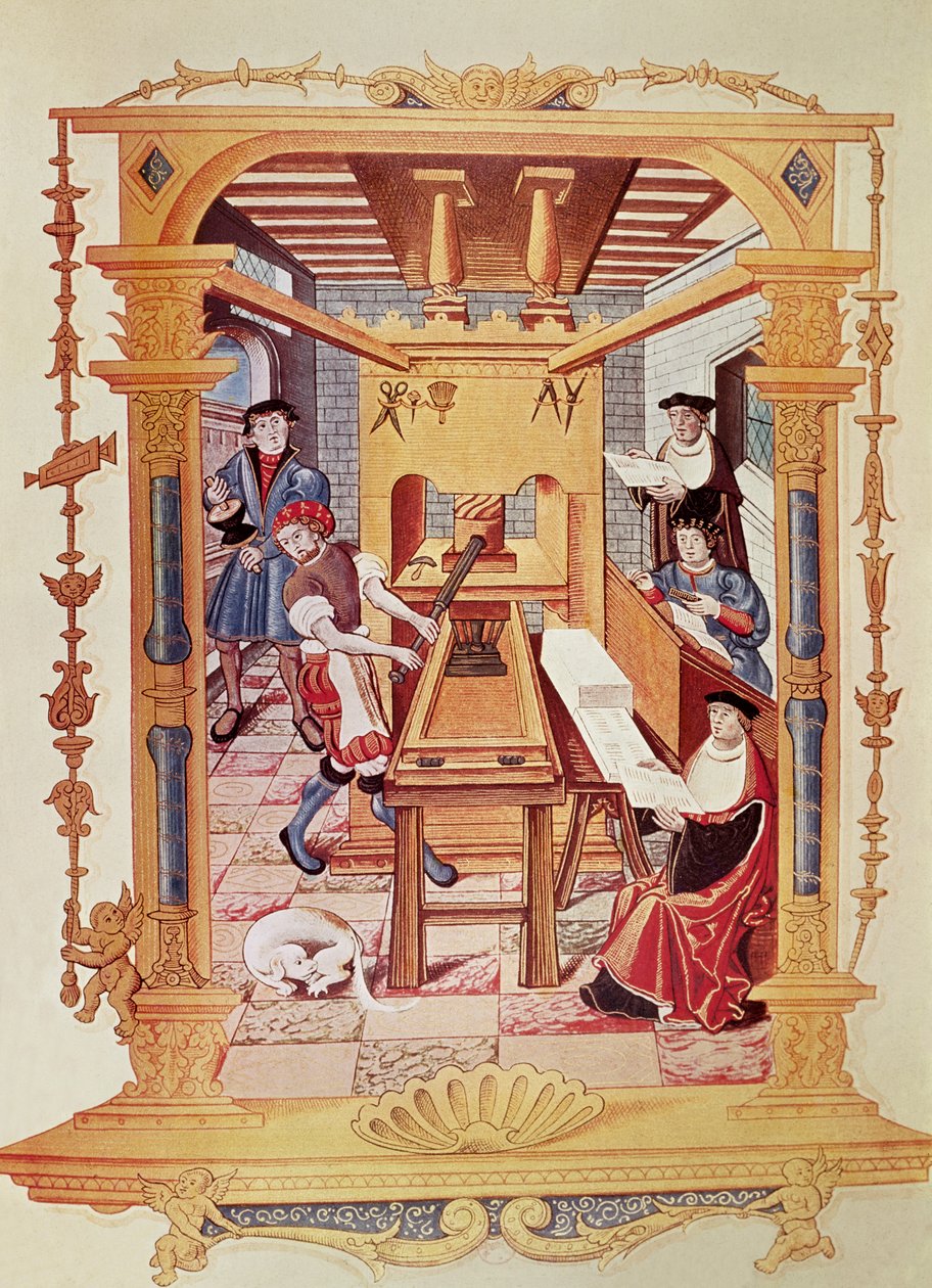 Interiér tiskárny ze 16. století, kopie miniatury z „Chants royaux sur la Conception Couronnee du Puy de Rouen“ od French School