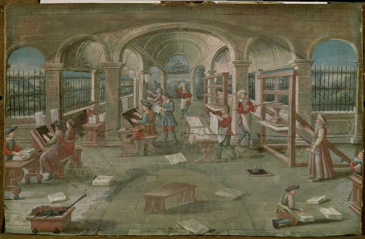 Interiér tiskárny v 16. století od French School