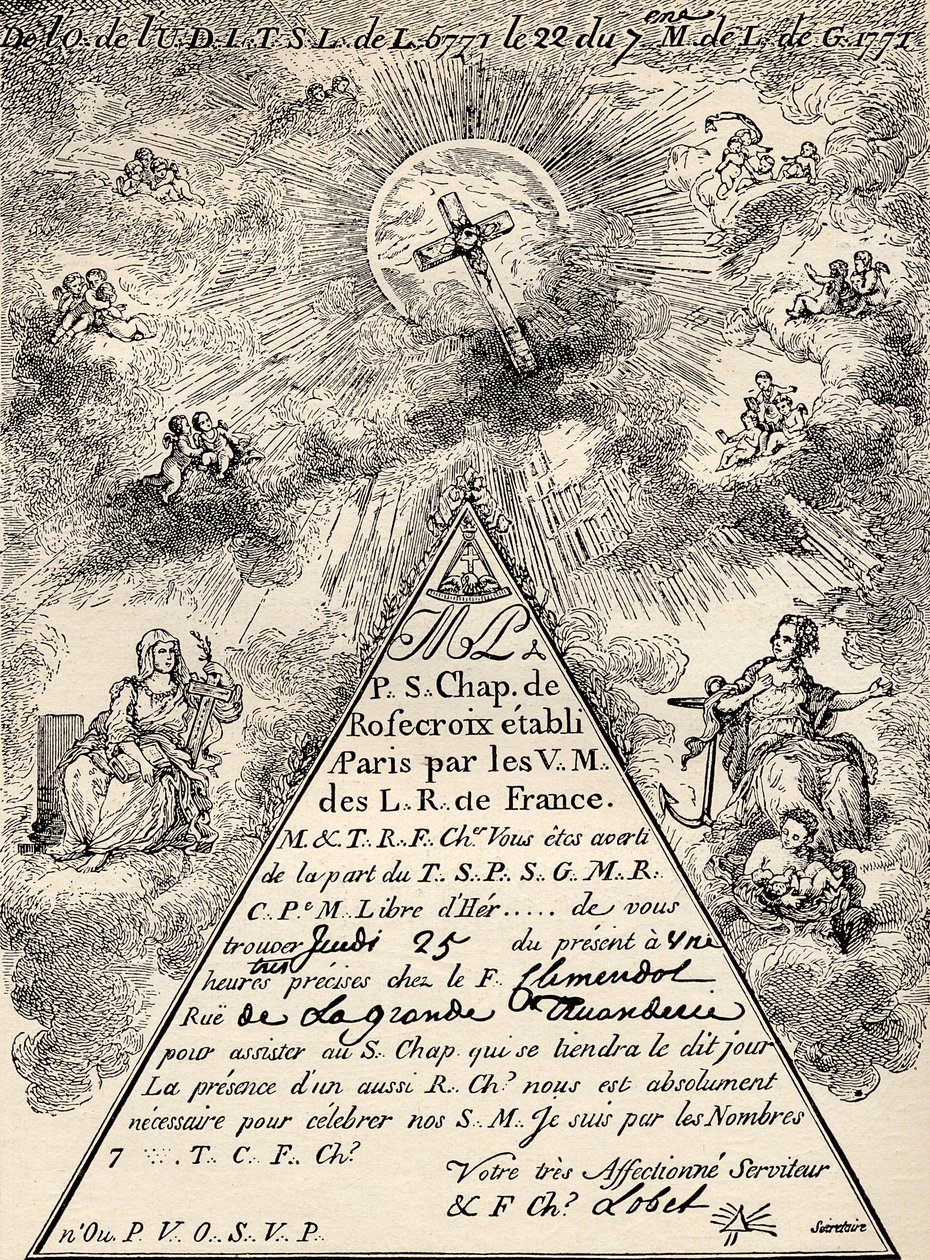 Pozvánka od francouzské kapituly svobodných zednářů, 1771, od „Svobodného zednáře“, od Eugena Lennhoffa, zveřejněná v roce 1932 od French School