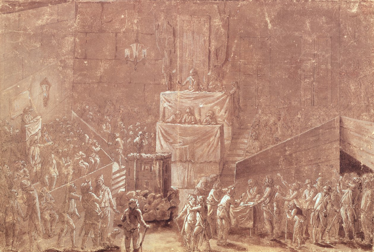 Jacobin Club během revoluce (pero a inkoust a mytí na papíře) od French School