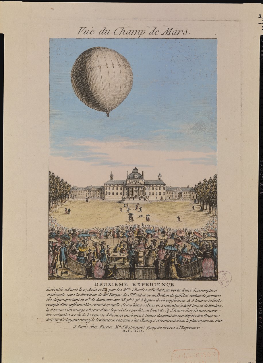 Jacques Alexandre Cesar Charles (1746-1823) a Nicolas Louis Robert (1761-1828) na Champ de Mars v Paříži, 27. srpna 1783. od French School