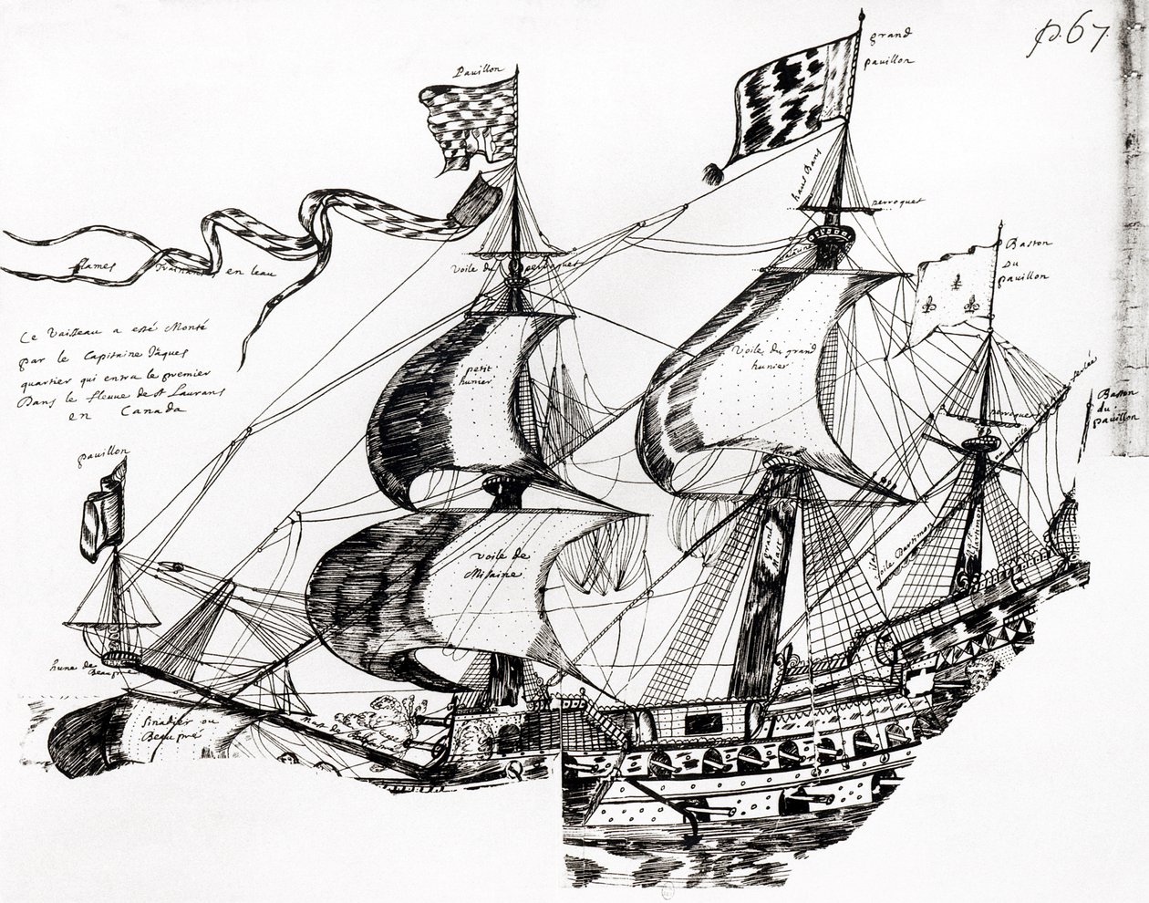 Loď Jacquese Cartiera, z „Rarete des Indes sauvage“, Codex canadienneis (pero a inkoust na papíře) od French School