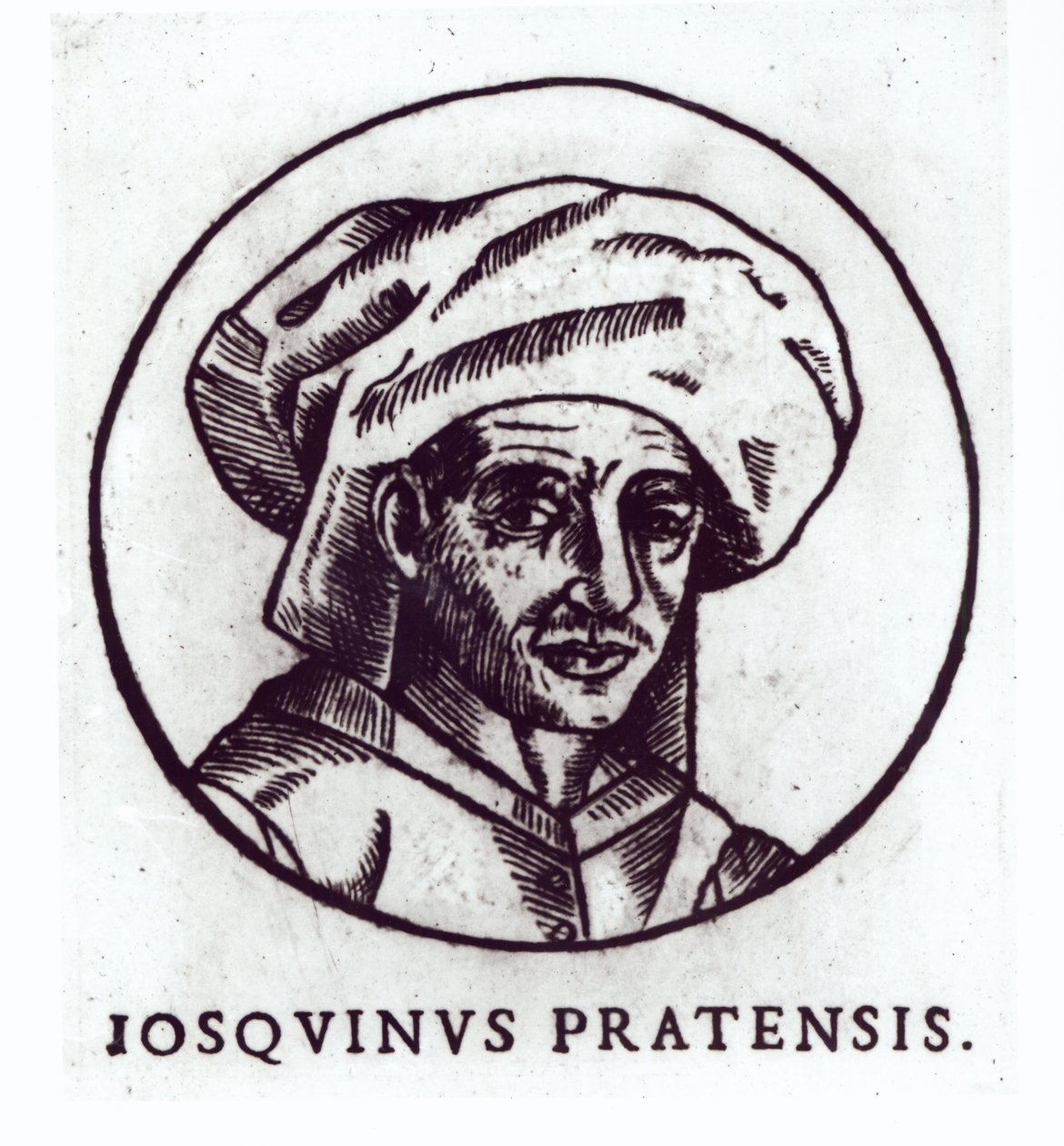 Josquin des Pres (c.1440-1521) vyrytý z díla v katedrále St. Gudule, Brusel od French School