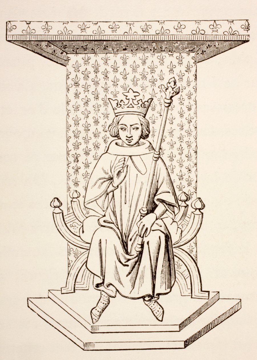 Francouzský král Ludvík IX. na svém trůnu s motivem Fleur-de-Lis, 1873 od French School