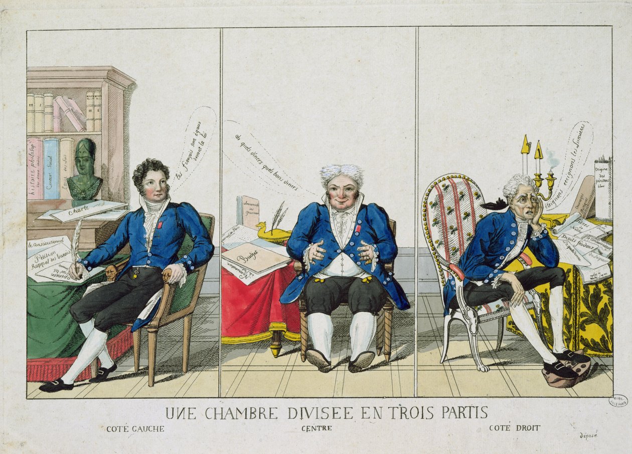 Dům rozdělený na tři strany, karikatura Národního shromáždění, 1819 od French School