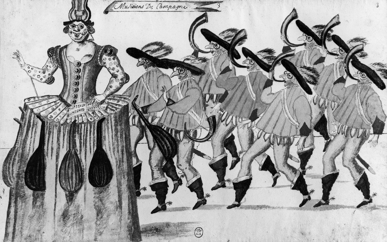 Les Fees des Forets de Saint Germain tančil v Louvru, 11. února 1625 (pero a wc na papíře) od French School