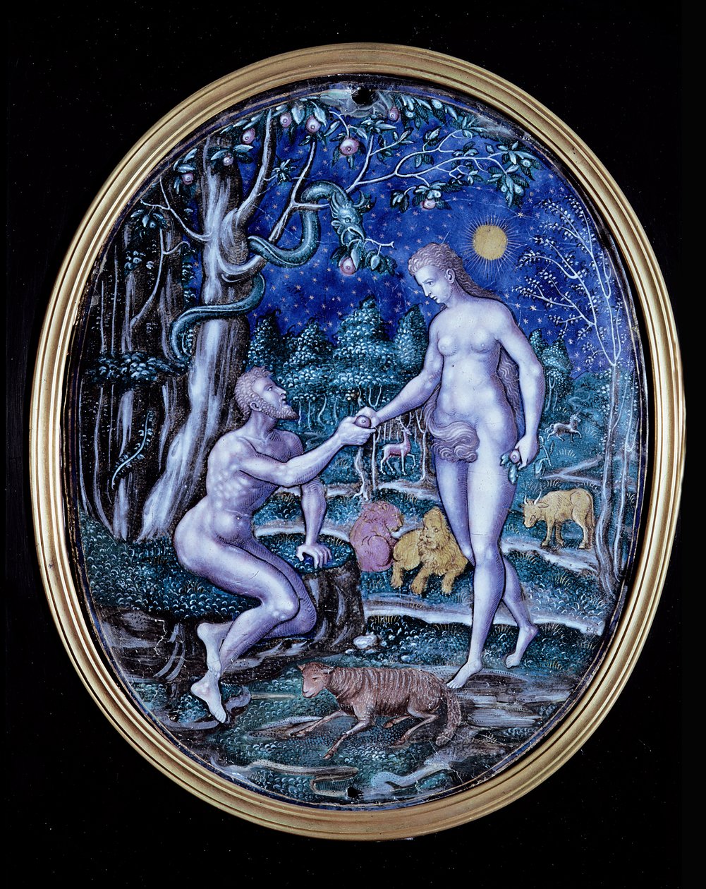 Deska v Limoges zobrazující Adama a Evu, kolem roku 1570 (smalt) od French School