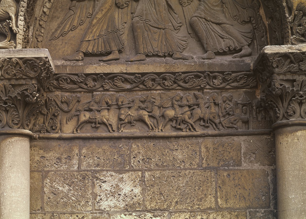 Detail překladu na západní fasádě zobrazující scény inspirované La Chanson de Roland, kolem 1125-35 od French School