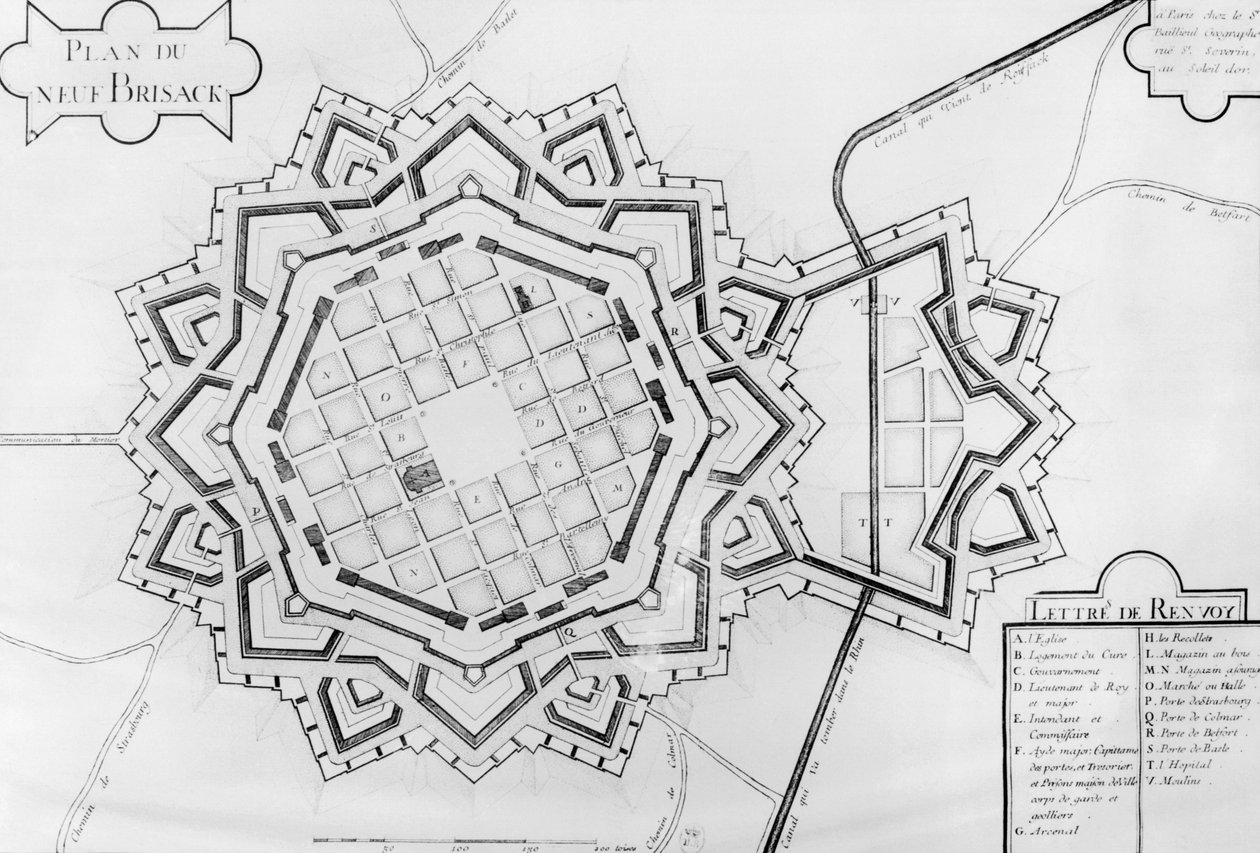 Mapa a opevnění Neuf-Brisach od French School