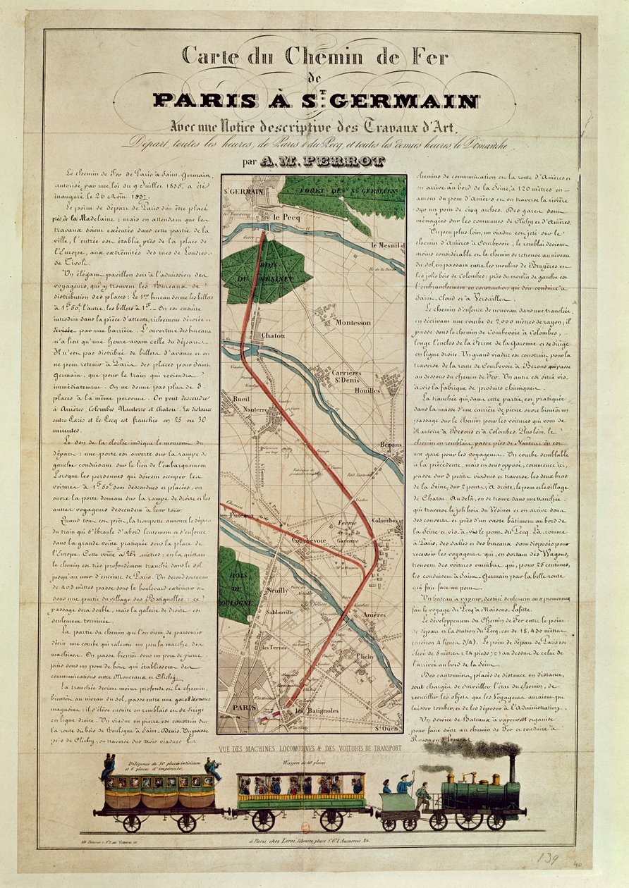 Mapa železnice z Paříže do St. Germain od A.M. Perrot, 26. srpna 1837 od French School