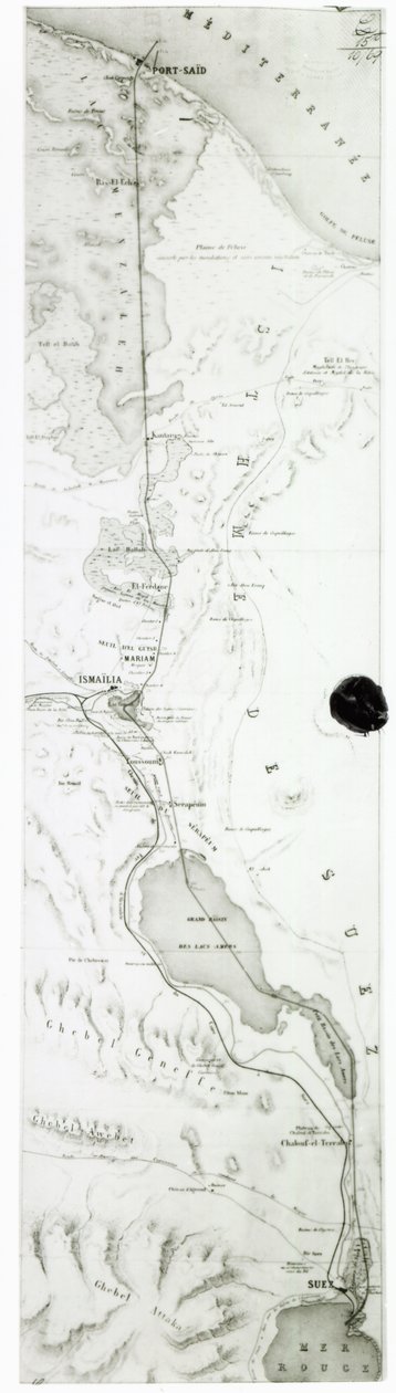 Mapa Suezského průplavu, kolem roku 1869 od French School