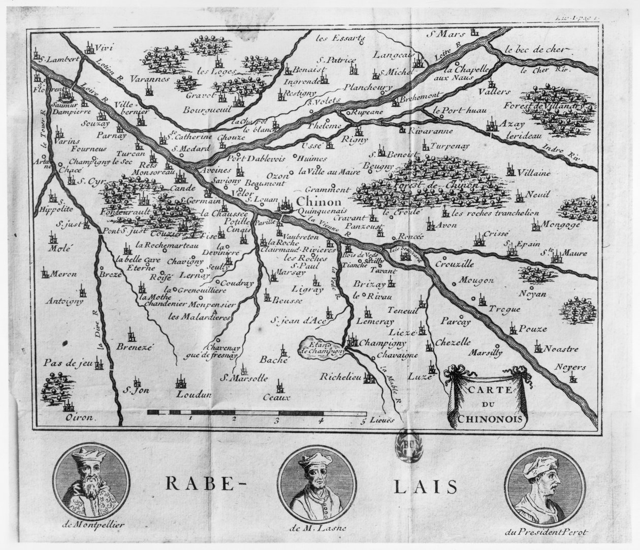 Mapa regionu Chinon související s díly Francoise Rabelaise, publikovaná v roce 1725 od French School