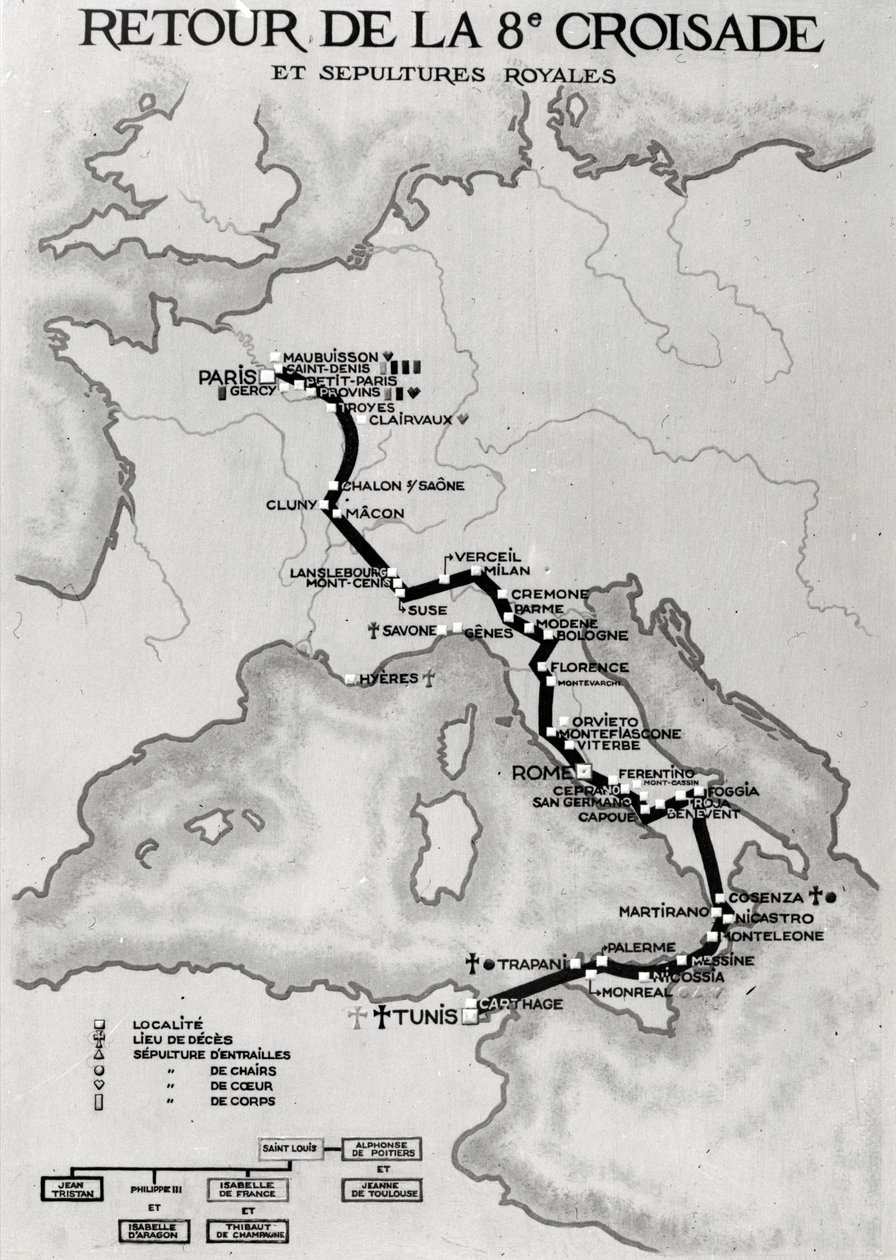 Mapa návratu 8. křížové výpravy v roce 1270 s vyznačením míst, kde spočinulo tělo Ludvíka IX. od French School