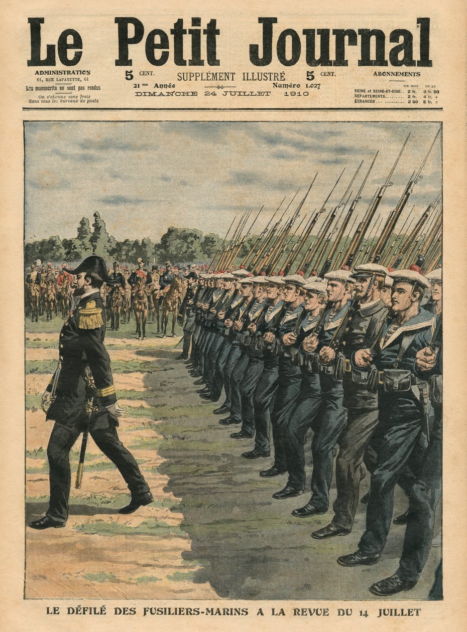 Přehlídka námořní pěchoty na přehlídce 14. července, ilustrace z "Le Petit Journal", ilustrovaná příloha, 24. července 1910. od French School