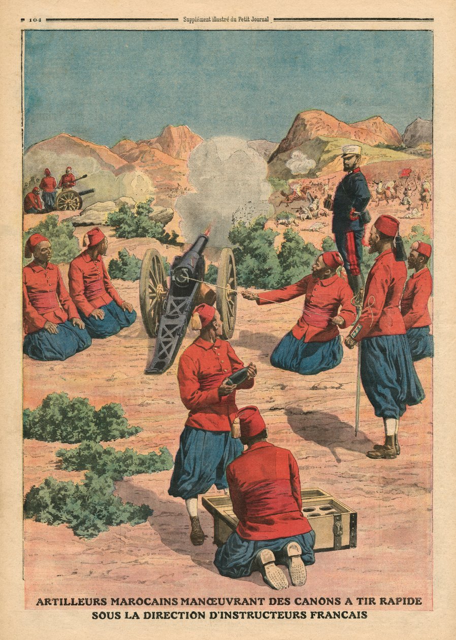 Maročtí dělostřelci používající děla pod vedením francouzských instruktorů, ilustrace z "Le Petit Journal", supplement illustre, 26. března 1911. od French School