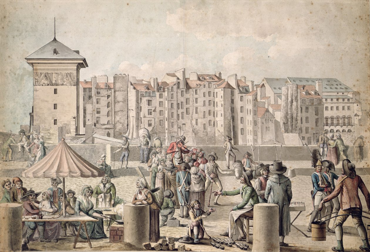 Mountebanks a promenády na Pont au Change, Paříž kolem roku 1790 od French School