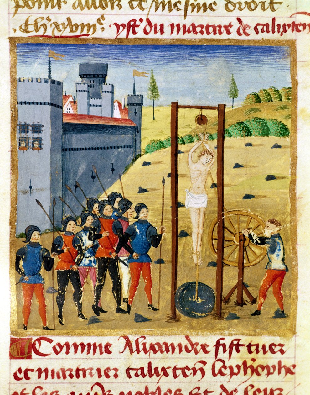 Ms 1335 f.167v Jak Alexandr Veliký zabil a umučil Calixtena Cephoba a ostatní šlechtice před Caroutzem od French School
