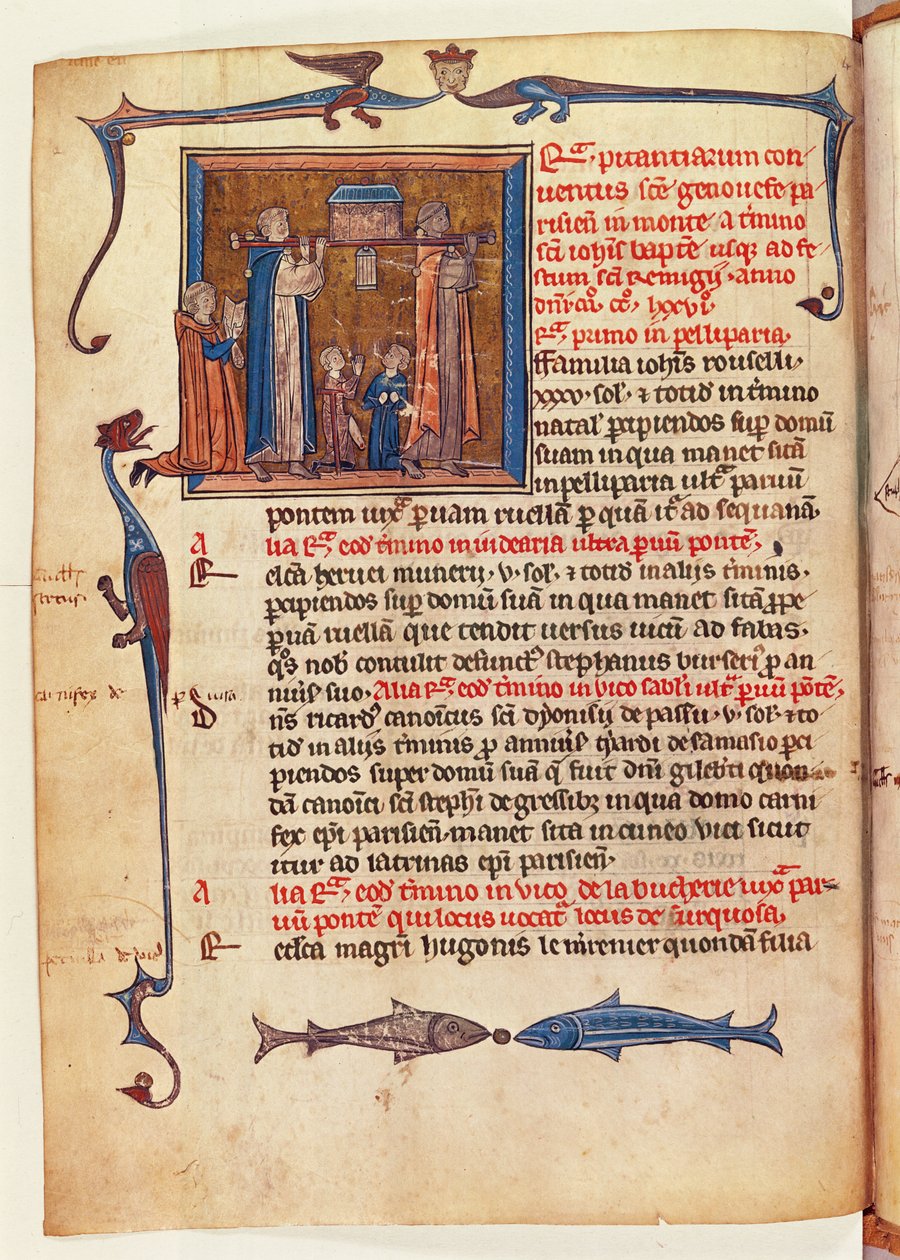 Ms 16261 fol.13v Průvod relikviáře sv. Genevieve ulicemi Paříže z Censier de lAbbaye Sainte-Genevieve od French School