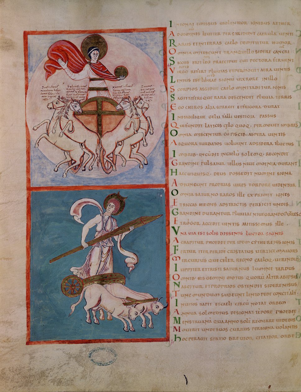 Ms 188 Fol.32v Apollo jako Slunce a Diana jako Měsíc, ilustrace z „Les Phenomenes“ od Aratose (asi 315-240 př. n. l.) kolem roku 1000 od French School