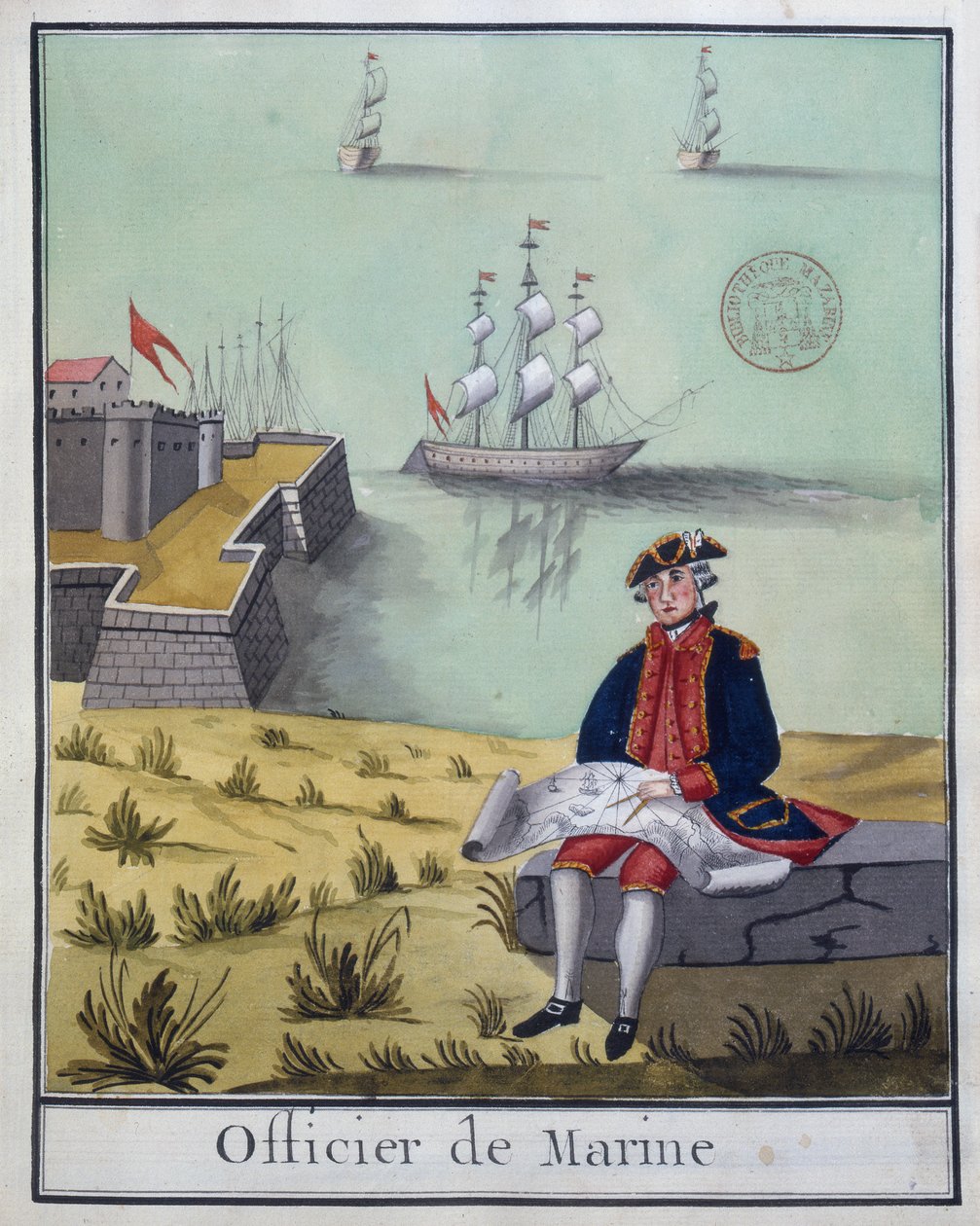 Ms 2848 The Marine Officer, ze série francouzských vojenských kostýmů, 1768 (wc na papíře) od French School