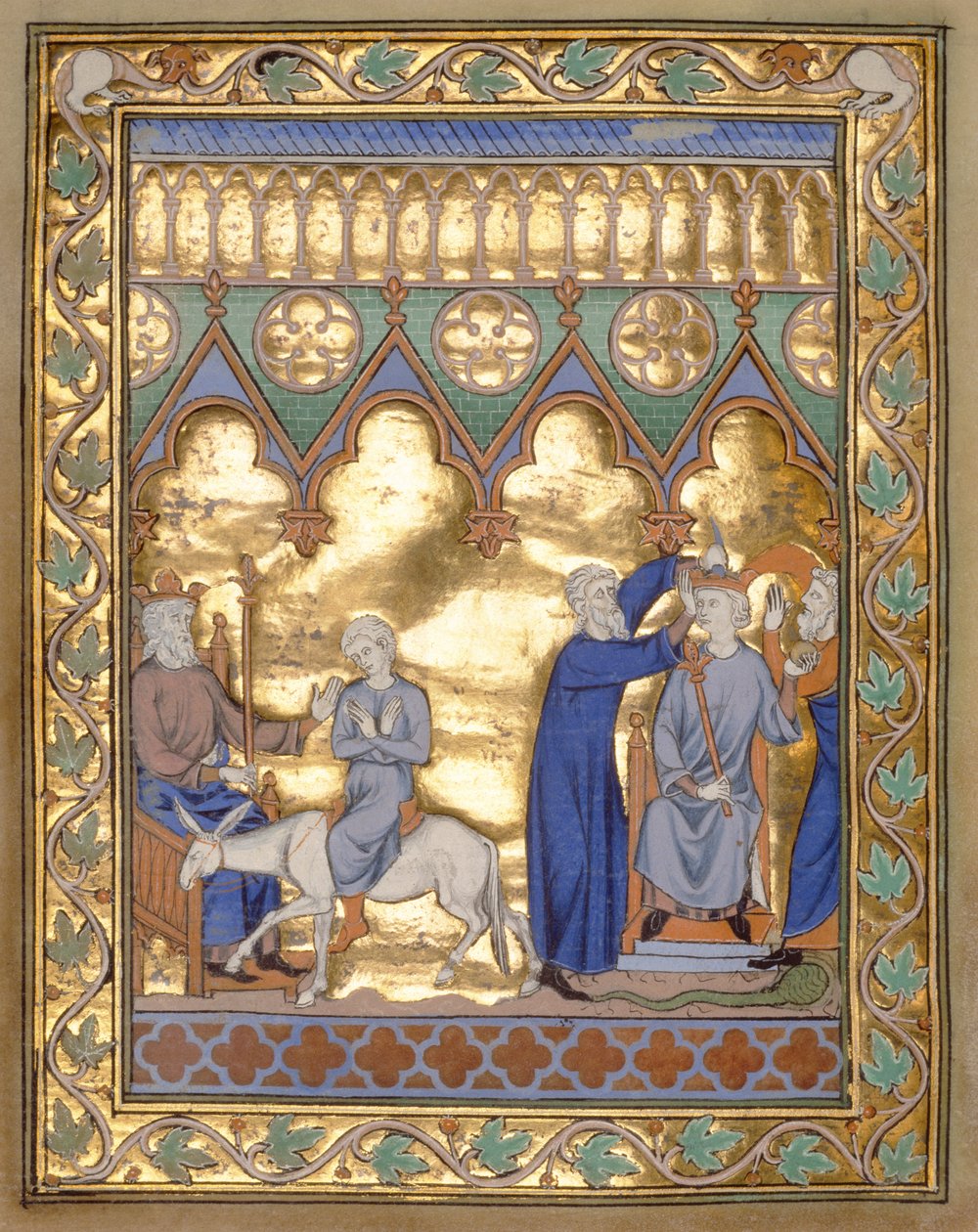 Ms 300 f.5v Korunovace Šalomouna, ze Žaltáře a hodin Isabely Francouzské, Paříž, kolem 1260 (zlatý lístek na temperě na pergamenu) od French School