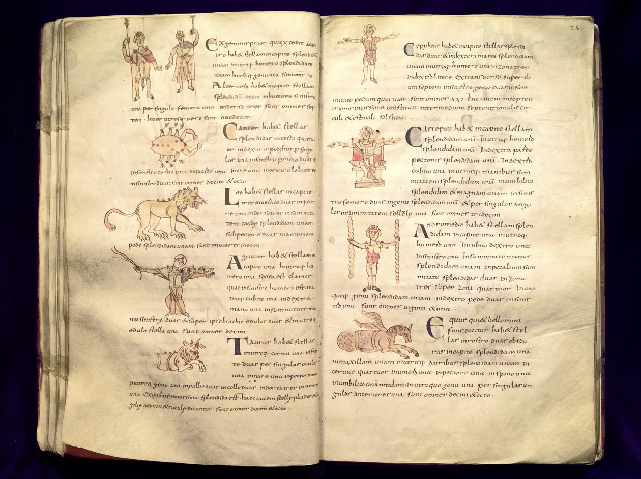 Ms 422 Fol.27v a 28r Cesta Měsíce napříč souhvězdími, z „De Natura Rerum“ od Isidora ze Sevilly od French School