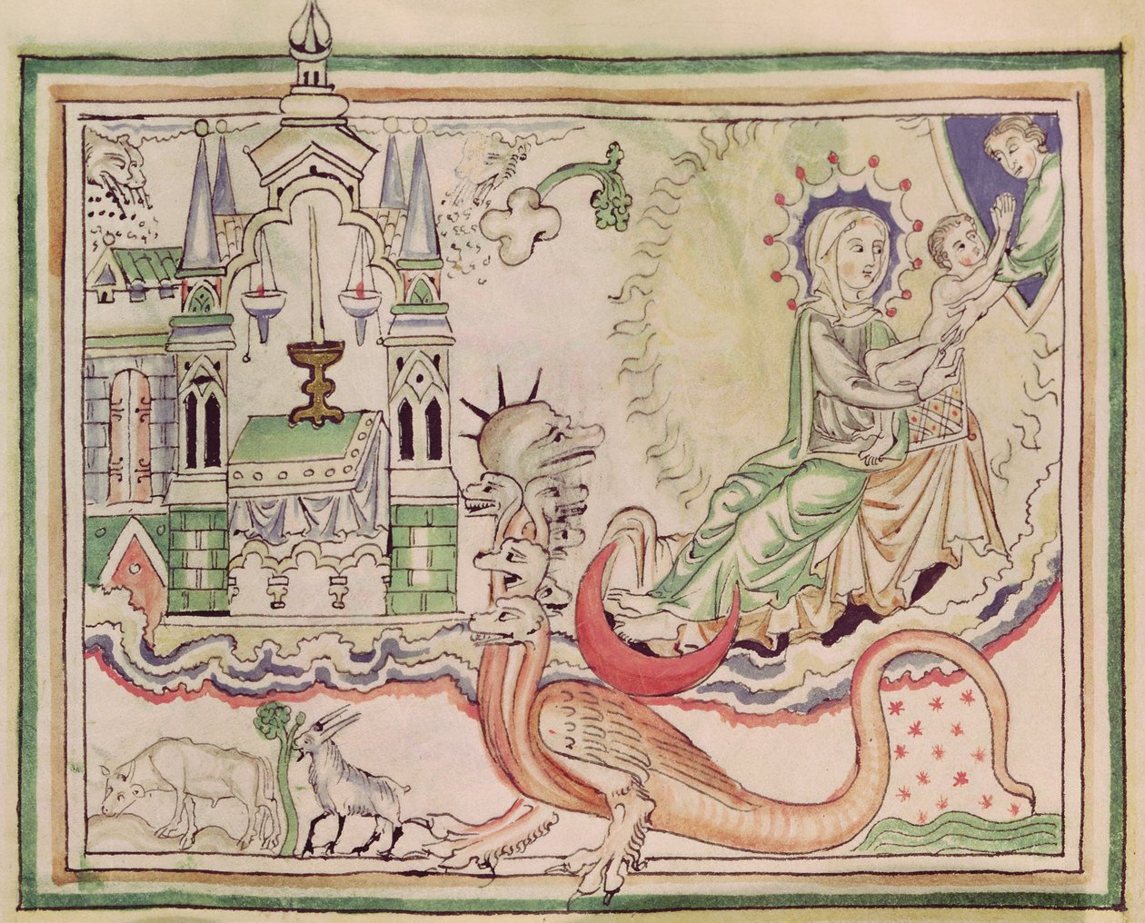 Ms 422 fol.47r Žena porodila dítě a sedmihlavou příšeru od French School
