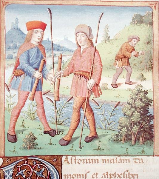 Ms 493 fol. 14 Pastýři u řeky, z Virgilových eklog s komentářem Servia, 1469 od French School