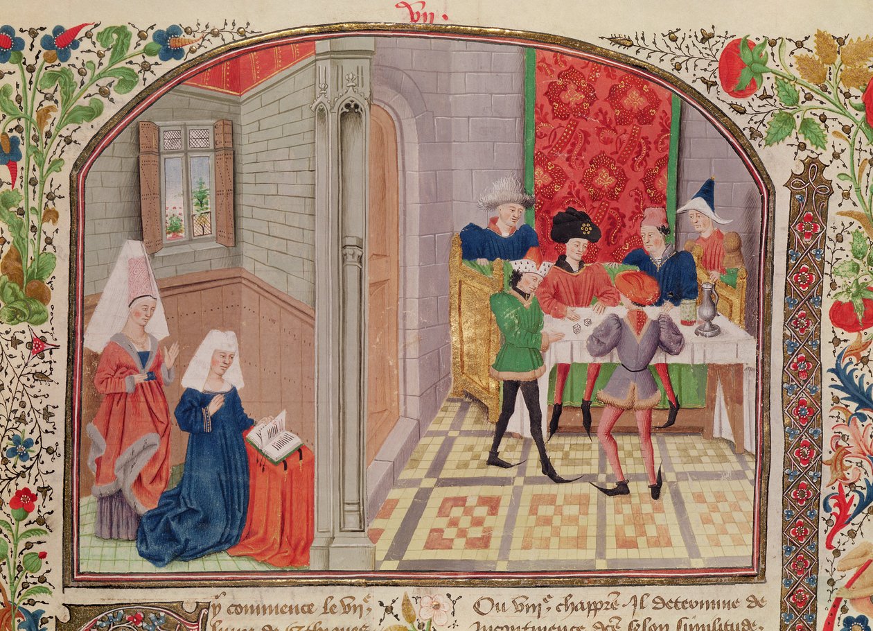 Ms 927 Fol.107 Střídmost a nestřídmost, z knihy „Etika, politika a ekonomie“ od Aristotela (384-322 př.nl) od French School