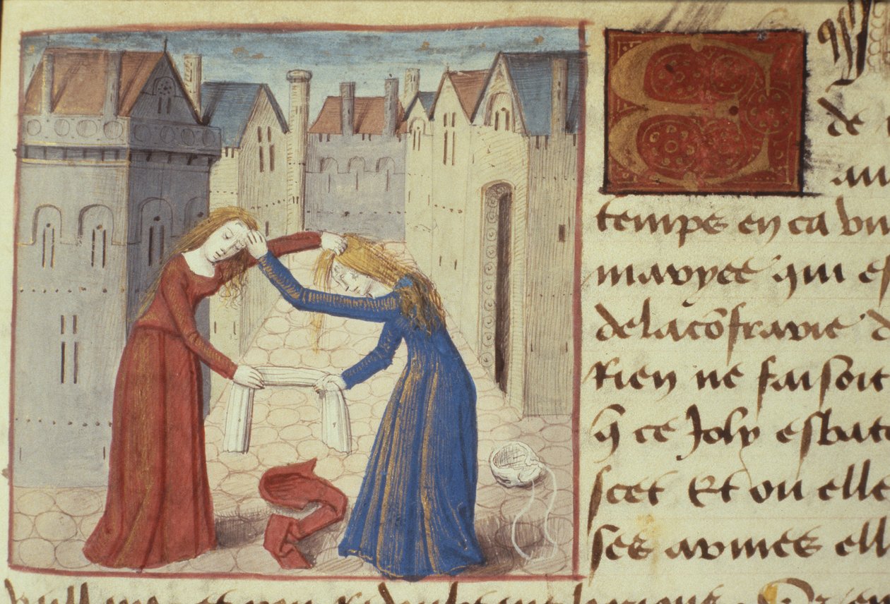 Ms Hunter 252 f.186r Dvě ženy bojující, z Les Cent Nouvelles Nouvelles, 1462 od French School