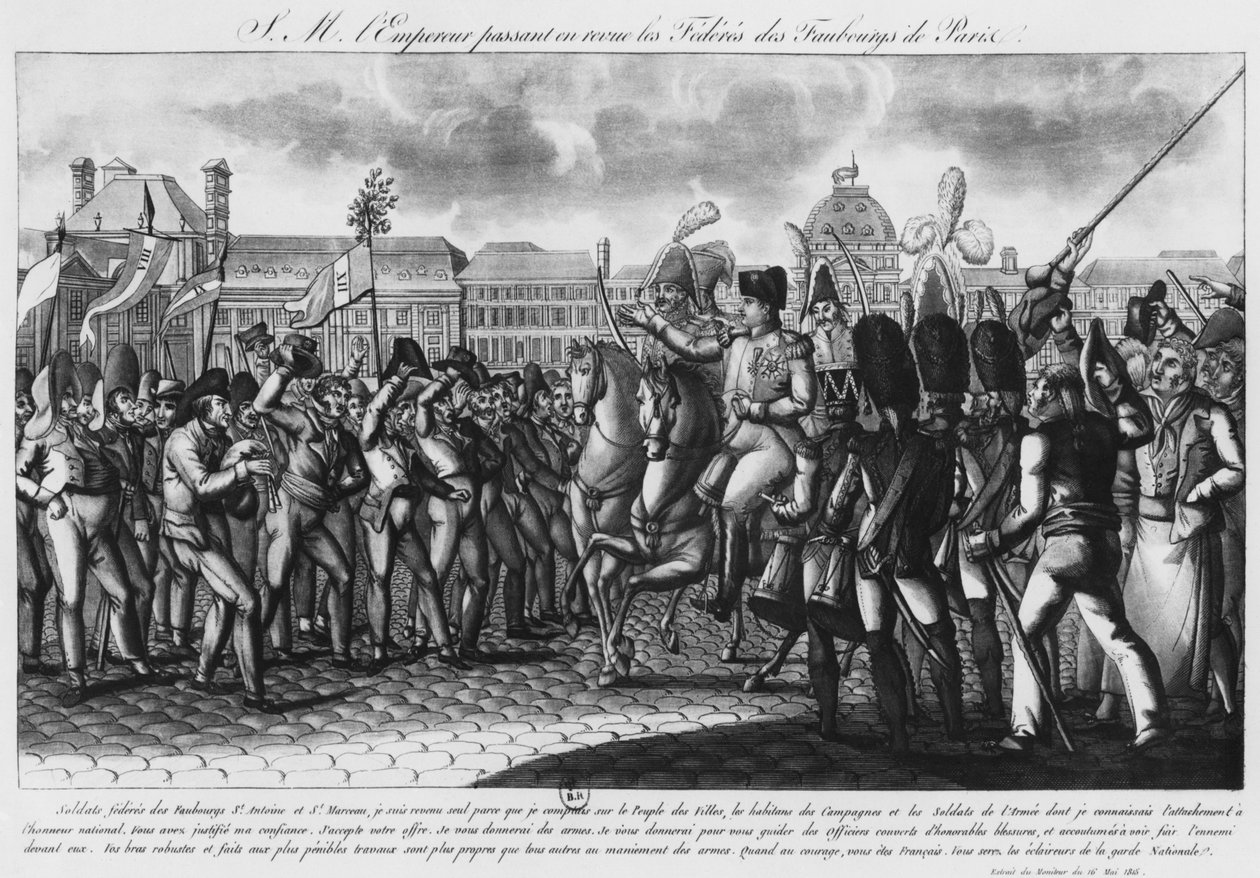 Napoleon I. hodnotí Federes z pařížského předměstí v Tuileries, ilustrace z „Le Moniteur“, 16. května 1815 od French School