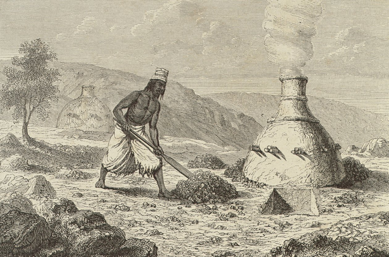 Původní tavení železné rudy ve Fouta Djallon, Guinea, 50. léta 19. století, z „Le Tour du Monde“, vydané v Paříži, 60. léta 19. století od French School